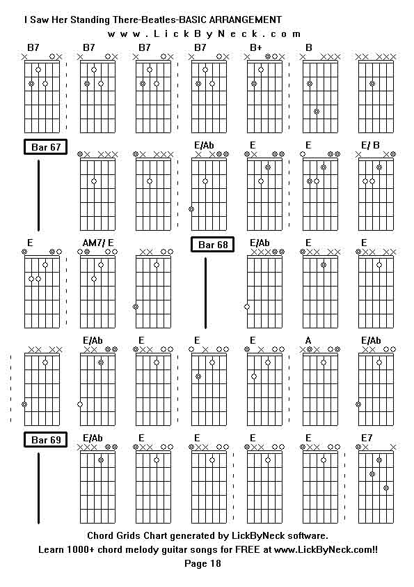 Chord Grids Chart of chord melody fingerstyle guitar song-I Saw Her Standing There-Beatles-BASIC ARRANGEMENT,generated by LickByNeck software.